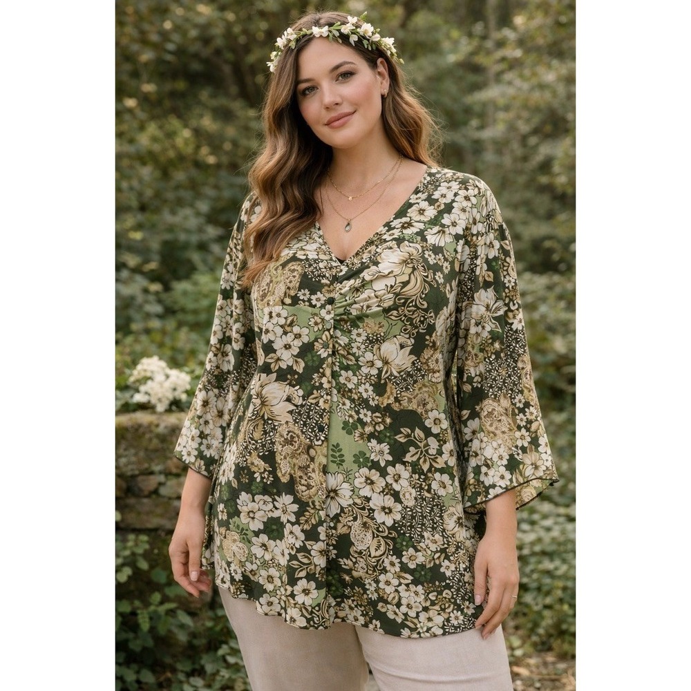 Y2K VTG Size 14/16 Green Floral Paisley Tunic Blouse‎ Ruched V-Neck Bell Sleeve